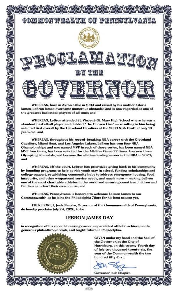 [花邊] 賓州州長宣布7/24是 LEBRON JAMES DAY - 美國職籃 - PTT.BEST 批踢踢爆文 2