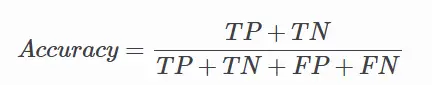 Accuracy = \frac{TP + TN}{TP + TN + FP + FN}