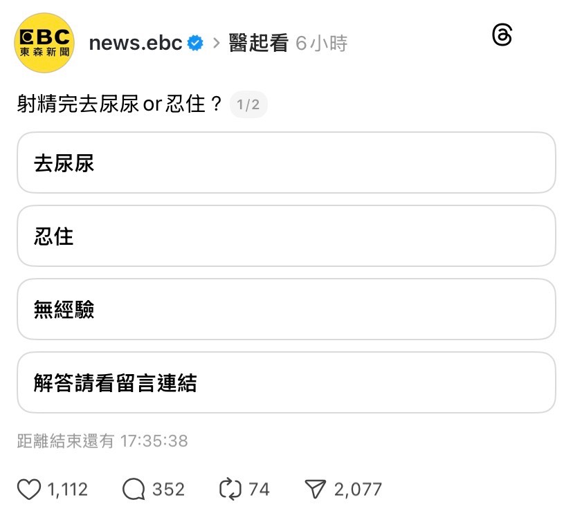 [問卦] 東森在脆上問網友射精完去尿尿or忍住？