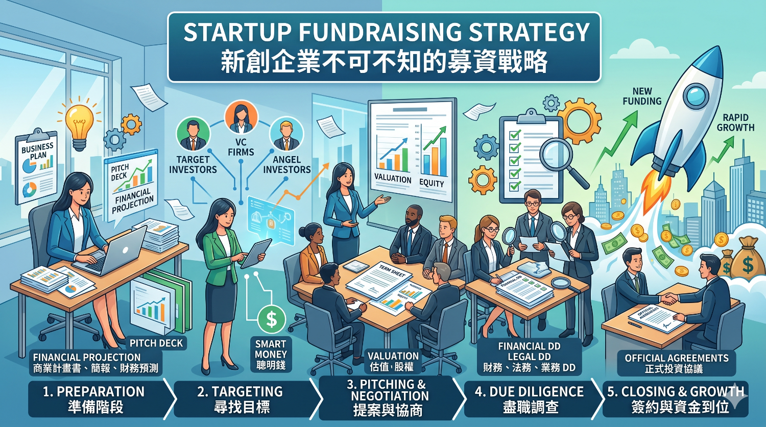 創業團隊與投資人進行募資簡報的標準流程圖
