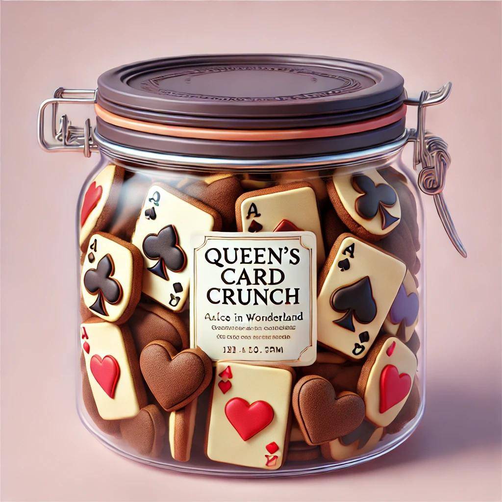 Chocolate cookies shaped like playing cards, featuring intricate suit designs. Rich in flavor with a satisfying crunch, inspired by the magical world of 'Alice in Wonderland.