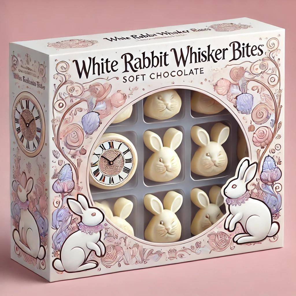 Soft white chocolate with a creamy center, inspired by the White Rabbit.